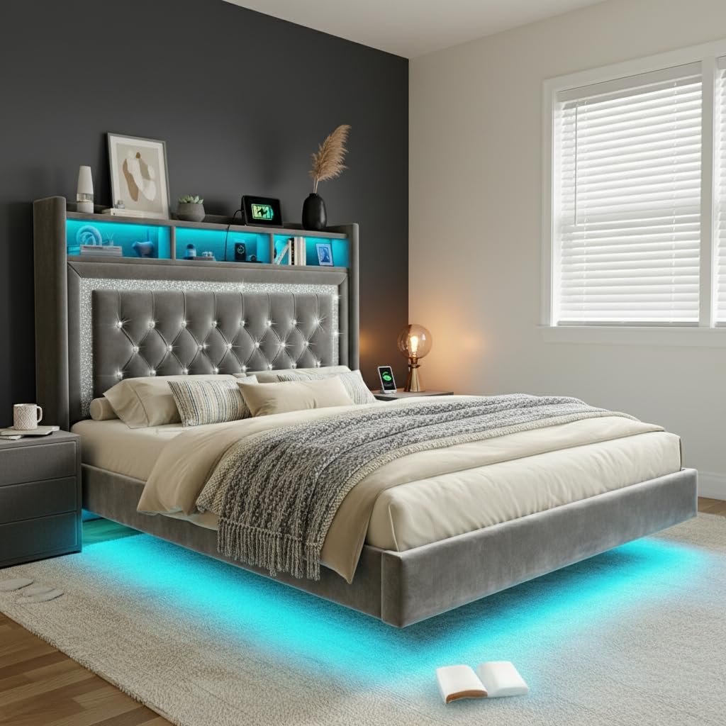 Homkdom Floating Bed Frame Queen with LED Lights & Charging Station, Upholstered Platform Bed with Velvet Storage Headboard, Heavy Duty Metal Slats,No Box Spring Needed,Noise Free,Easy Assembly, Grey