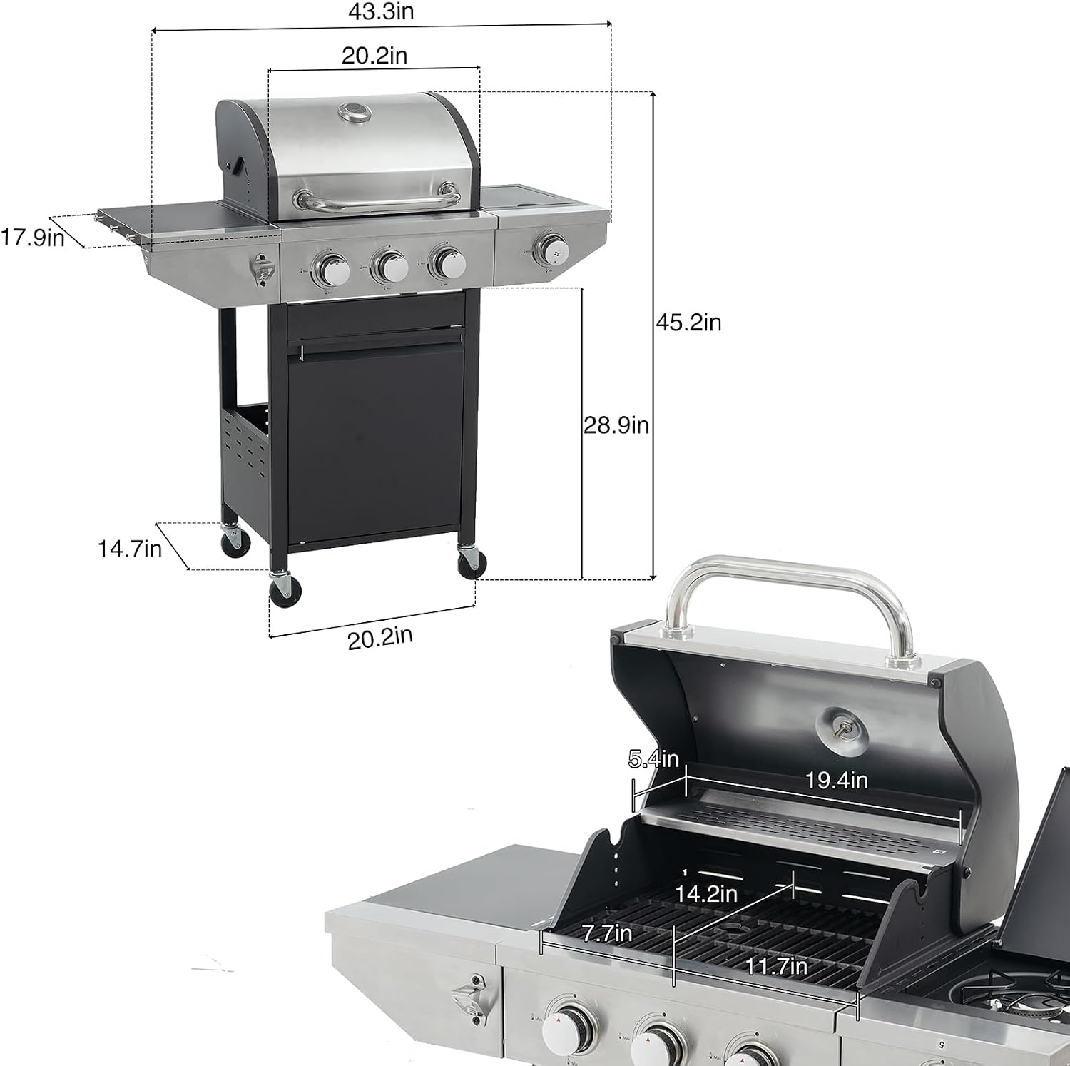 Endark 3-burner Propane Gas Grill | 37,000 BTU Stainless Steel with Side-iFre Function | with Enameled Cast Iron Grate,Thermometer and Side Stand Wheels | Great for Patio and Garden Outdoor Cooking
