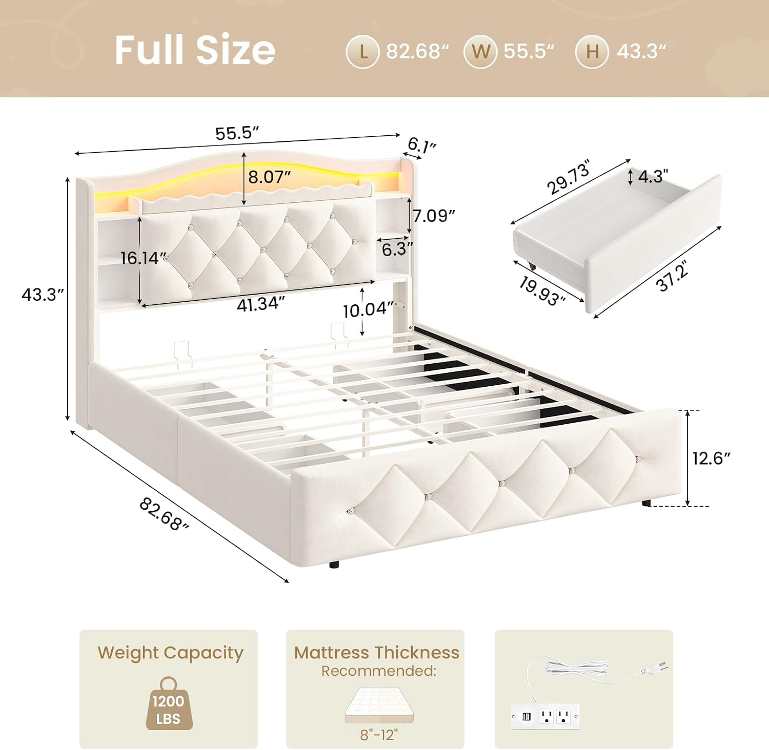 DICTAC Full Size Bed Frame for Kids with 4 Storage Drawers, Bookcase Headboard, LED Lights and Power Outlets, Diamond Tufted Velvet Upholstered Princess Platform Bed, Heavy-Duty Metal Support, Beige