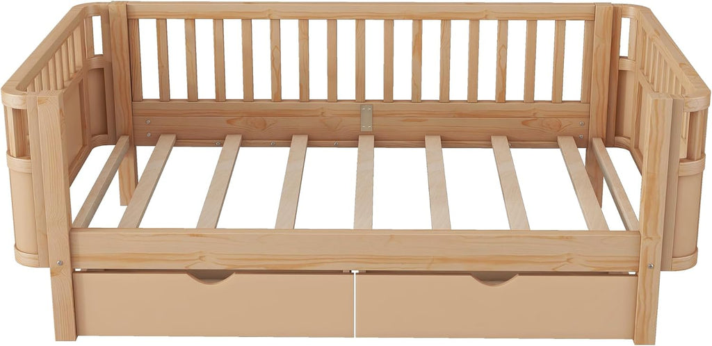 Harper & Bright Designs Twin Size Low Platform Bed Frame, Daybed with Fence and Drawers, Low Profile Bed for Kids Bed Room, Natural
