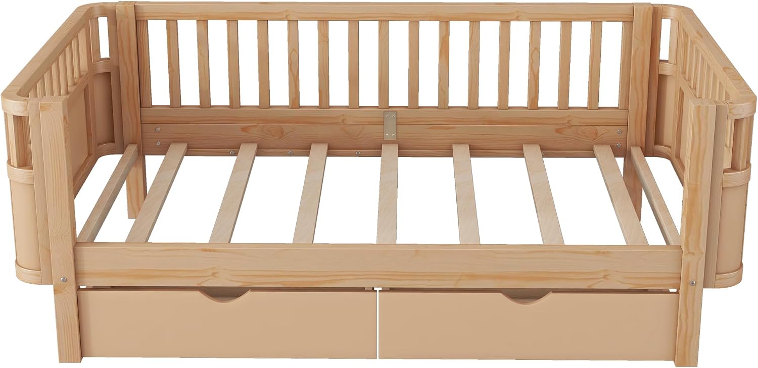 Harper & Bright Designs Twin Size Low Platform Bed Frame, Daybed with Fence and Drawers, Low Profile Bed for Kids Bed Room, Natural