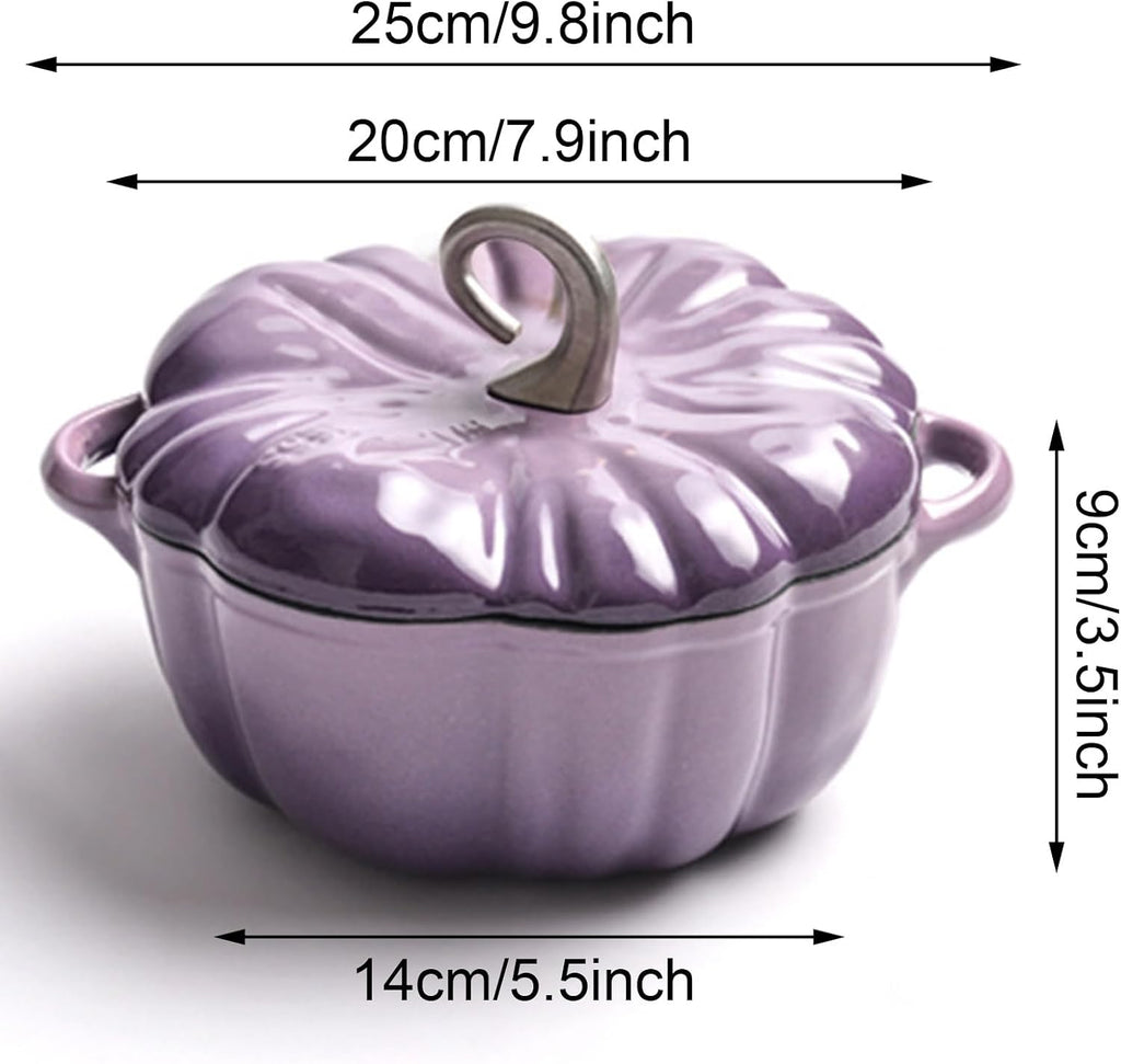 Pumpkin Cast Iron Dutch Oven, 2L Enamel Cooking Pot With Lid, Non-Stick Stew and Soup Saucepan, Halloween Thanksgiving Decor Gift