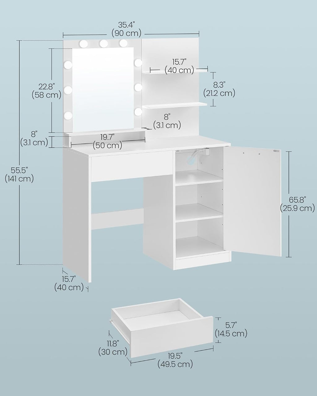VASAGLE Kailyn Collection - Vanity Desk with Power Outlets and LED Lights, 35.4-Inch Wide Makeup Table with Mirror, Drawer and Cabinet, for Bedroom, Cloud White URDT128WB01V1S