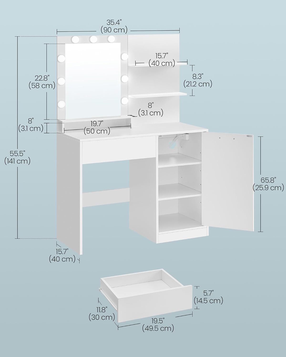 VASAGLE Kailyn Collection - Vanity Desk with Power Outlets and LED Lights, 35.4-Inch Wide Makeup Table with Mirror, Drawer and Cabinet, for Bedroom, Cloud White URDT128WB01V1S