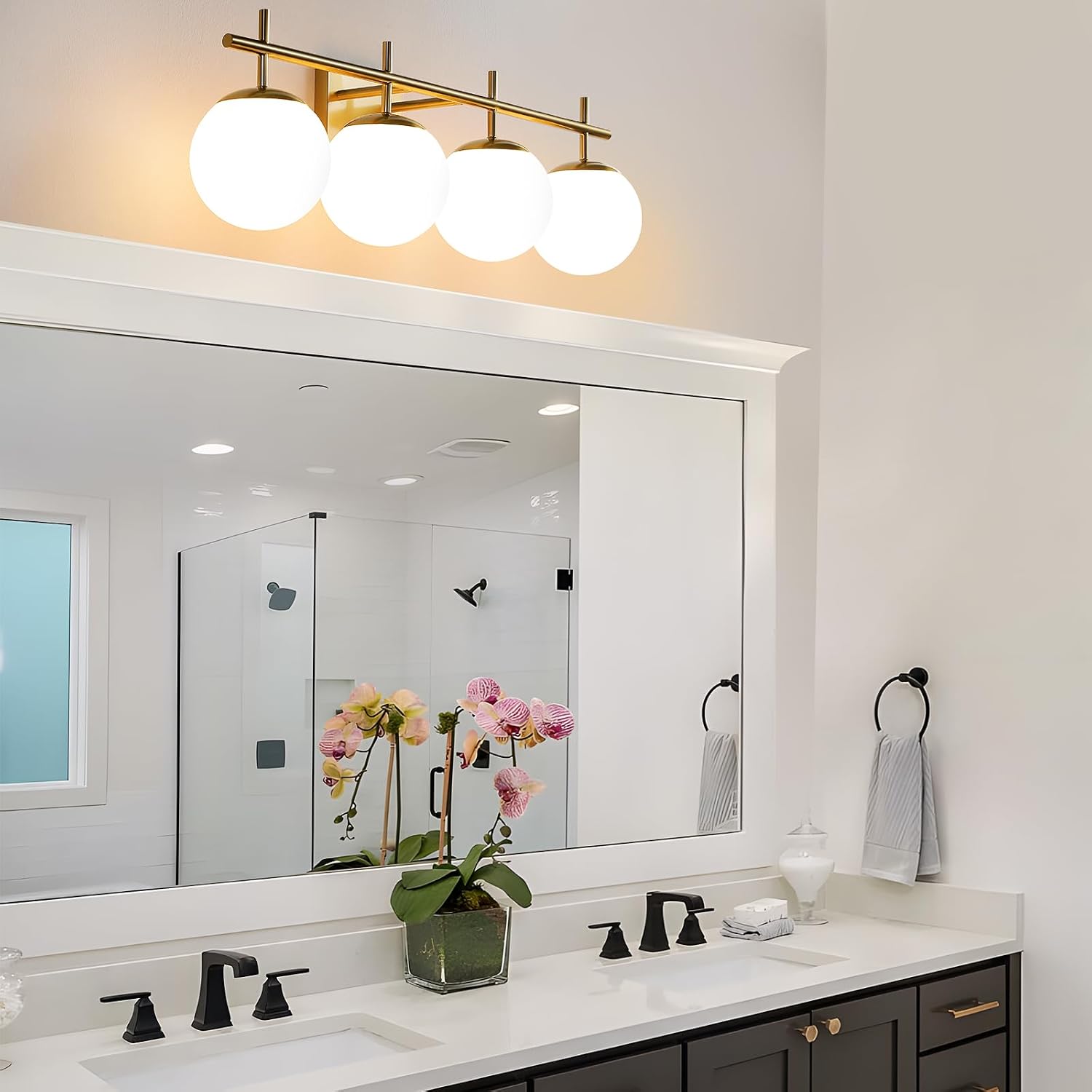 AIJIASI Bathroom Light Fixtures, 4-Light Brushed Gold Bathroom Vanity Lights Over Mirror, 30.7 Inch Modern Vanity Lighting with Milky White Glass Globe Shade Wall Sconce Lighting Bath