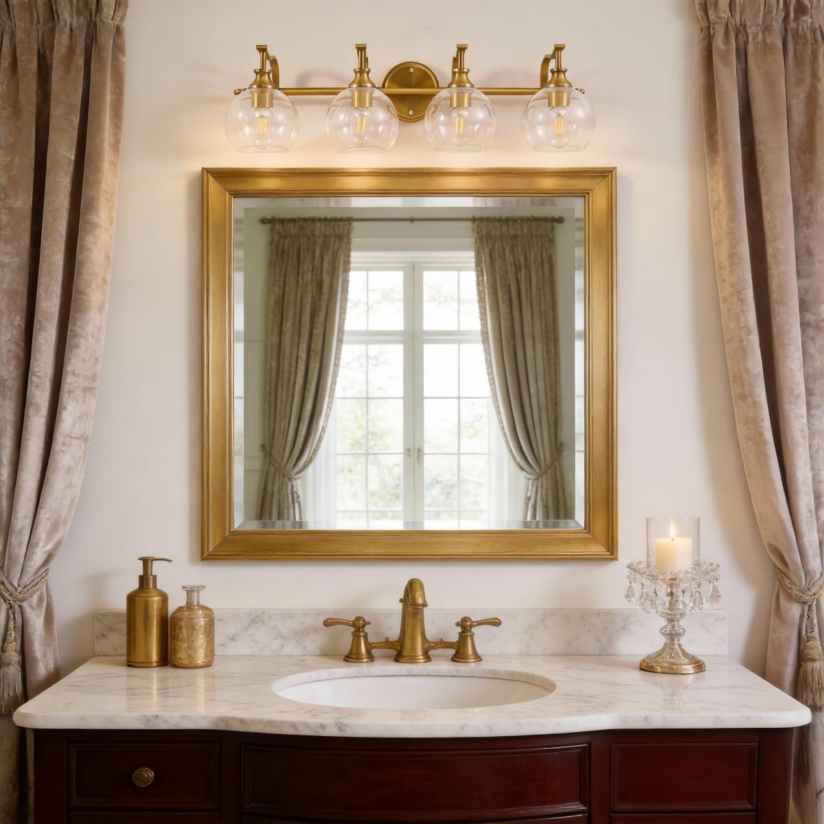 ANDY STAR Brass Vanity Light, Gold Bathroom Light Fixtures 4 Lights, 27.8 Inch Vintage Bathroom Sconces, Brushed Brass Vanity Lighting with Globe Clear Glass Shade, E26 Base (Bulbs Not Included)