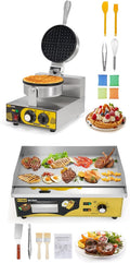 Dyna-Living Single Head Commercial Waffle Maker 1200W & 22'' Stainless Steel Countertop Griddle 3000W 110V Flat top Grill Electric for Home Kitchen