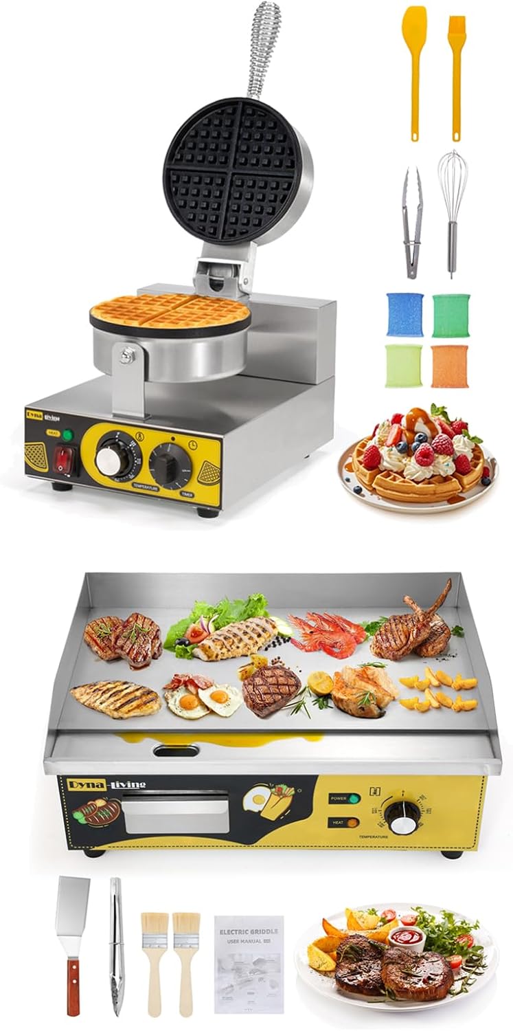Dyna-Living Single Head Commercial Waffle Maker 1200W & 22'' Stainless Steel Countertop Griddle 3000W 110V Flat top Grill Electric for Home Kitchen