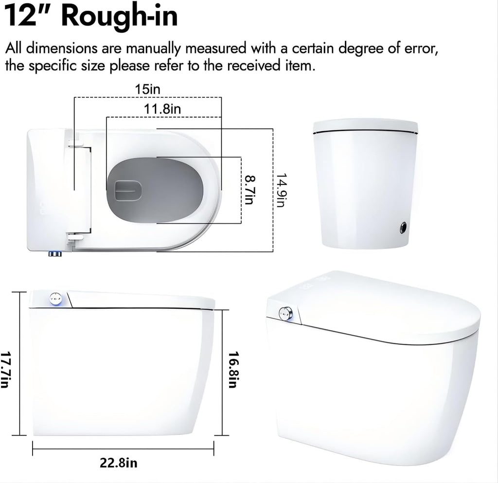 Smart Compact Toilet for Small Bathroom, 23' Depth Toilet with Auto Open/Close Lid & Foot Sensor Flush, Heated Seat, Warm Water Wash & Dryer, Tankless One Piece Toilet with 1.28GPF