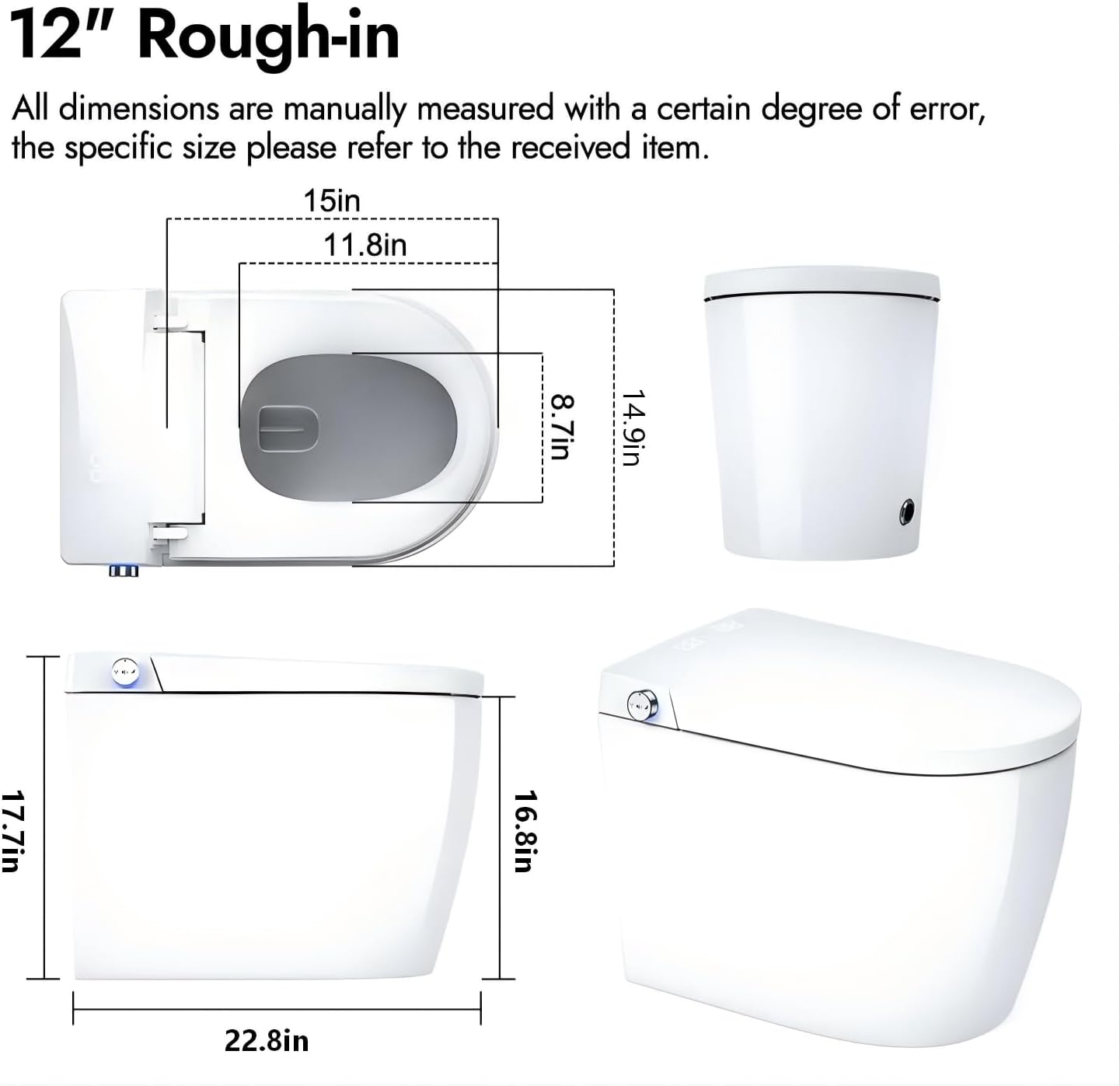 Smart Compact Toilet for Small Bathroom, 23' Depth Toilet with Auto Open/Close Lid & Foot Sensor Flush, Heated Seat, Warm Water Wash & Dryer, Tankless One Piece Toilet with 1.28GPF