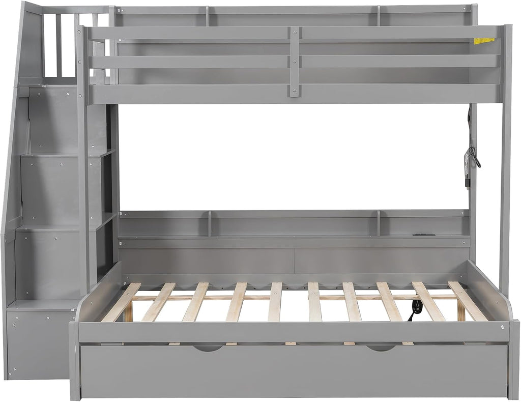 Twin Over Full Bunk Bed with Storage Staircase and Trundle,Storage Shelves, LED and USB,for Kids Teens Adults Bedroom Use (Grey-USB, Twin Over Full)
