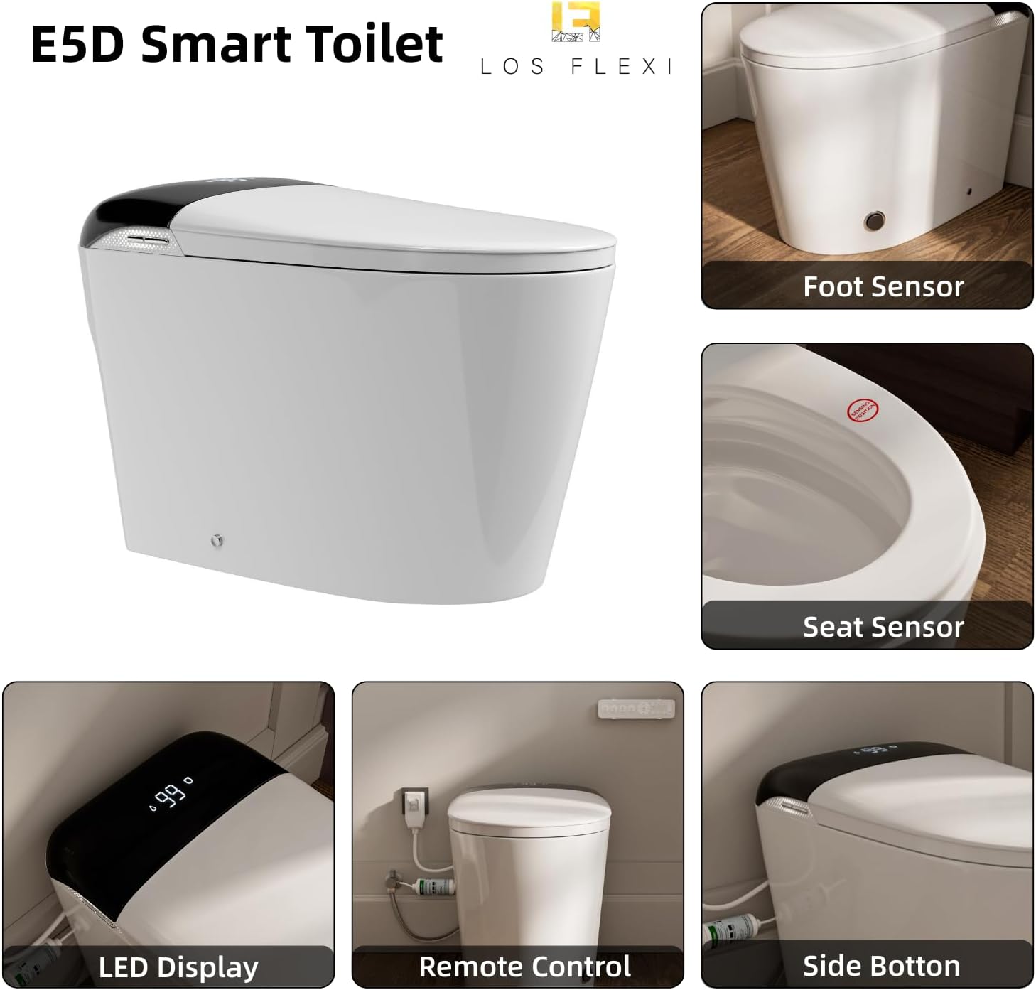 E5D Smart Toilet with Bidet, Built-In Water Tank, Battery Backup Flush, Foot Kick Flush, Instant Warm Water, Heated Seat, Warm Air Dryer, Night Light, Side Panel Control & Remote, ETL Plug