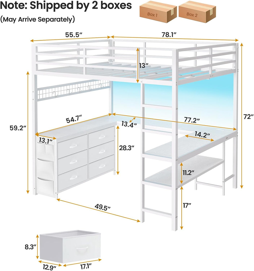 ADORNEVE Loft Bed Full Size with U-Shaped Desk, 6 Storage Drawers, Power Outlet, LED Metal Loft Bed with 2 Storage Shelves, Bed with Safety Guardrail & Ladders,Space-Saving,White