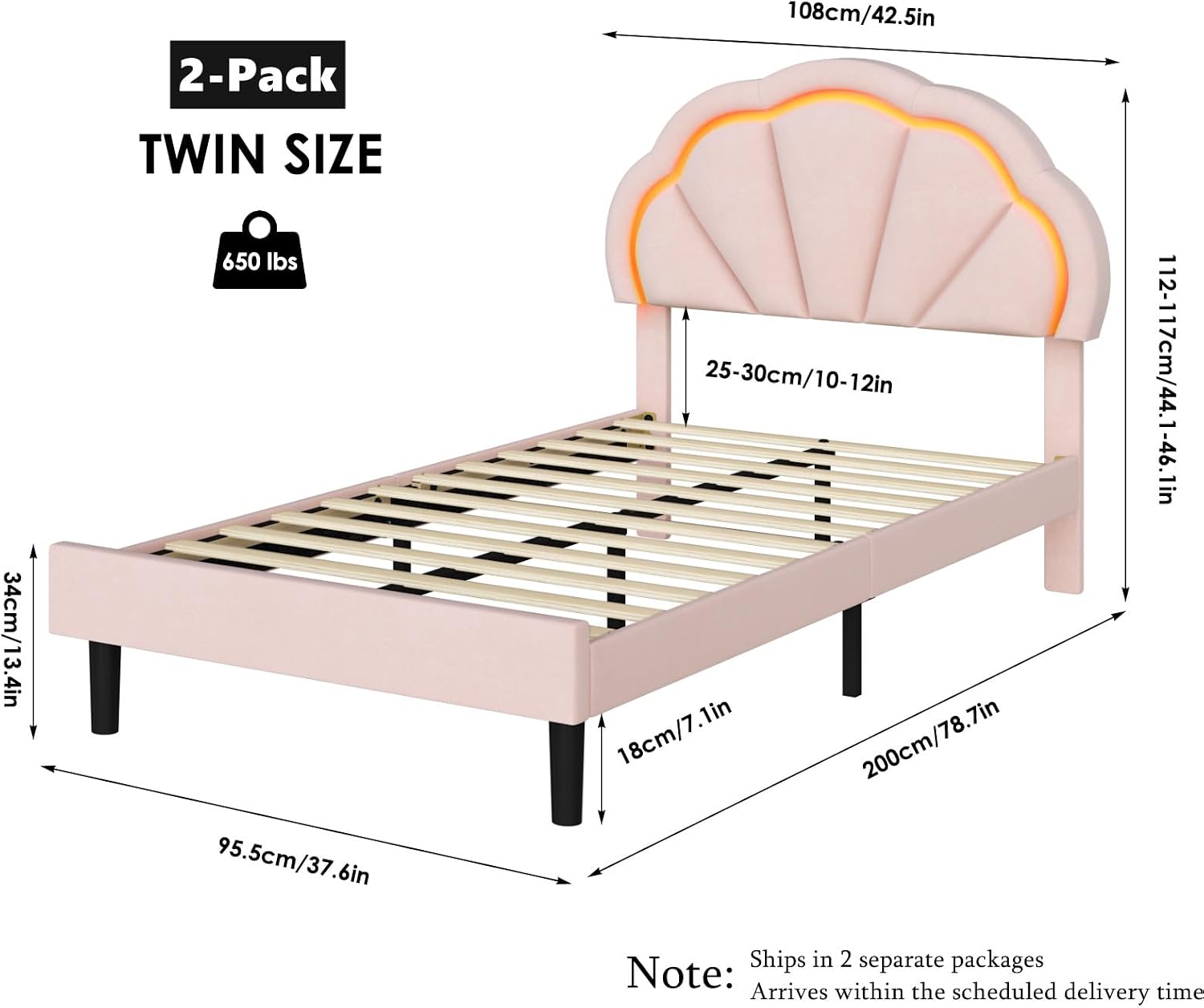 HIFIT 2 Piece Twin Upholstered LED Bed Frame with Adjustable Cute Petal Headboard, Soft Velvet Princess Platform Bed for Girls/Kids, Solid Wood Slats Support, No Box Spring Needed, Easy Assembly, Pink