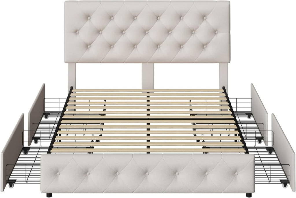 TTVIEW Queen Bed Frame with 4 Storage Drawers and Adjustable Headboard, Upholstered Platform Bed with Button Tufted Design, Strong Wooden Slats Support, No Box Spring Needed, Fabric, Cream