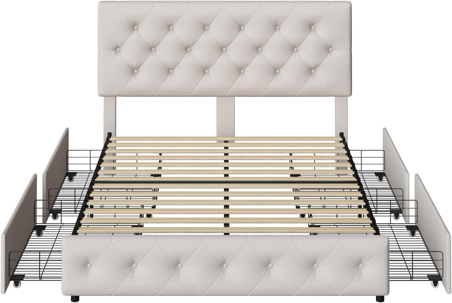 TTVIEW Queen Bed Frame with 4 Storage Drawers and Adjustable Headboard, Upholstered Platform Bed with Button Tufted Design, Strong Wooden Slats Support, No Box Spring Needed, Fabric, Cream