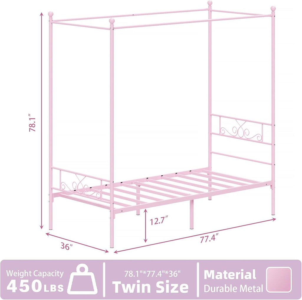 Weehom Twin Canopy Bed Frame with Headboard and Footboard, 4 Posters Metal Bed Frame, No Box Spring Needed, Mattress Foundation Platform Bed for Kids and Adults, Pink