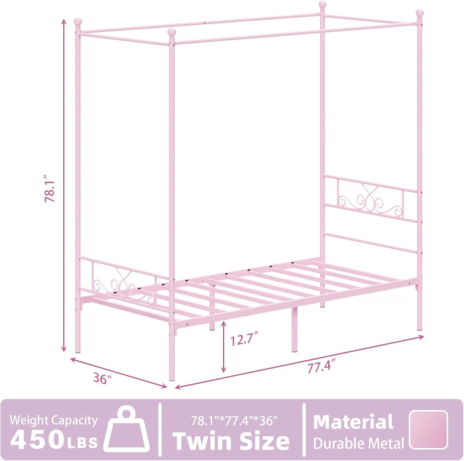 Weehom Twin Canopy Bed Frame with Headboard and Footboard, 4 Posters Metal Bed Frame, No Box Spring Needed, Mattress Foundation Platform Bed for Kids and Adults, Pink