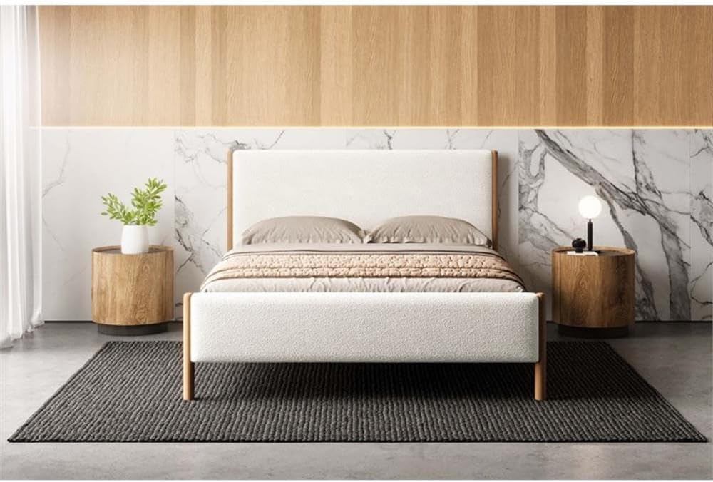 Liana Modern Style Upholstered Platform Bed with Soft Boucle Fabric and Solid Wood Legs - Box Spring Not Required - White Boucle, Queen Size