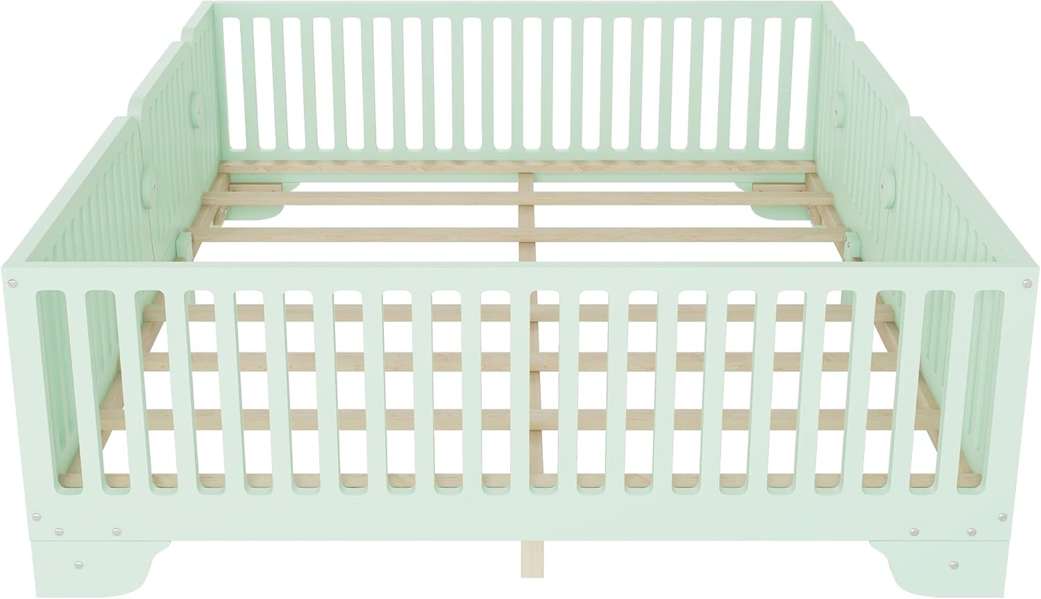Montessori Full Floor Bed with High Rails and Removable Doors, Wood Low Profile Kids Full Size Bed Frame for Girls Boys, Safe Montessori Crib Floor Bed with Slats ,No Box Spring Needed, Green
