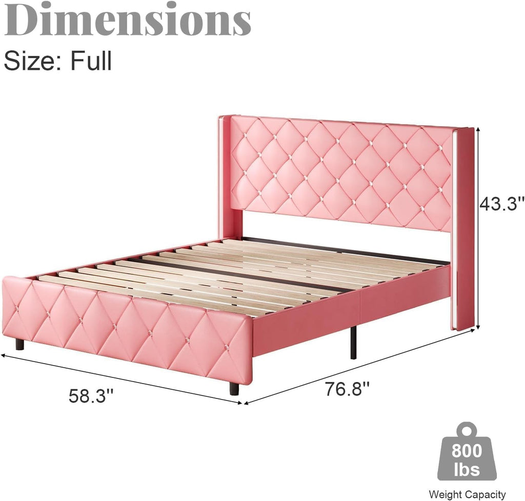 HOMBCK Full Size Bed Frame with Headboard, Upholstered Faux Leather Bed with Diamond Headboard, Pink Bed Frame Full with Footboard, No Box Spring Needed, Easy Assembly, Pink