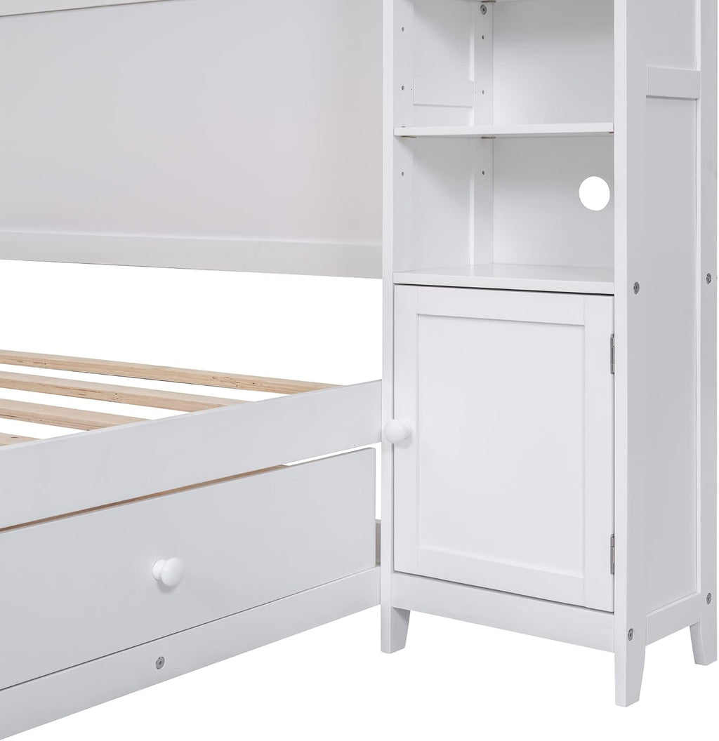 MERITLINE Full Platform Bed with Storage Headboard,Drawers and Charging Station,Solid Wood Full Bed Frame with Storage Cabinet and Shelves for Adults (White)