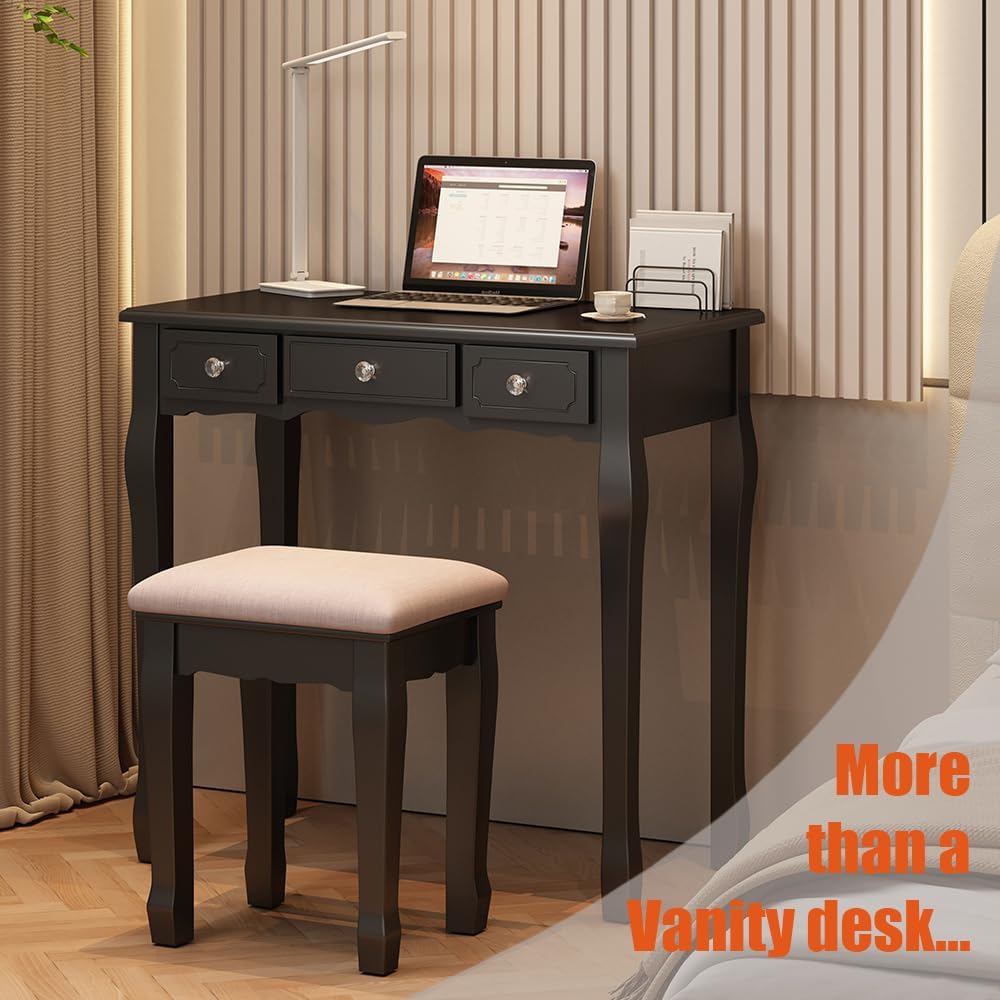 BLEXA Makeup Table Set Desk&Stool, Vanity Desk with Lights and Mirror Vanity Table Set with 5 Drawers, 3Light Settings Adjustable Brightness for Bedroom Dorm and Dressingroom(Black)