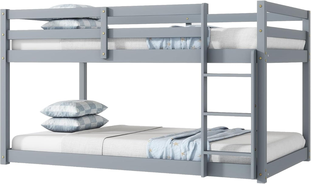 Low Bunk Bed Twin Over Twin, Solid Wood Floor Bunk Bed Frame with Ladder & Safety Guardrails, Twin Bunk Beds for Kids Boys and Girls, Saving Space, No Box Spring Needed, Gray