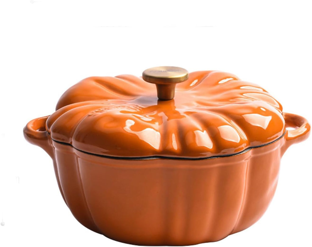 Enameled Cast Iron Dutch Oven with Lid Pumpkin Cocotte,Pumpkin Cast Iron Dutch Oven, Enameled Cast Iron Figural Pumpkin Braiser, Non-Stick Crock-Pot Stock Pot, 3-5 Servings, Halloween Thanksgiving,B