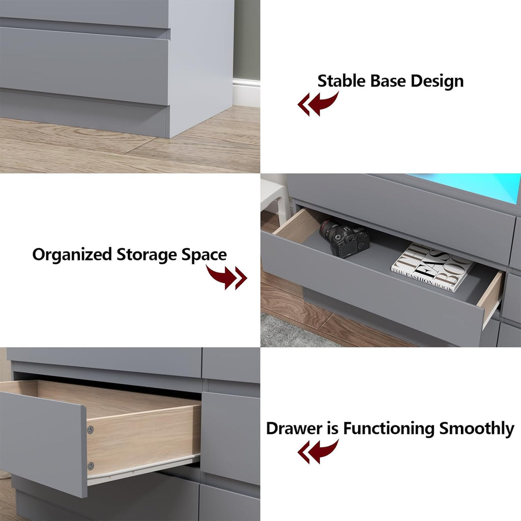 Gyfimoie 6 Drawers Dresser with Power Outlet, Accent Chests of Drawers with LED Light, Modern Storage Dresser for Bedroom, Living Room