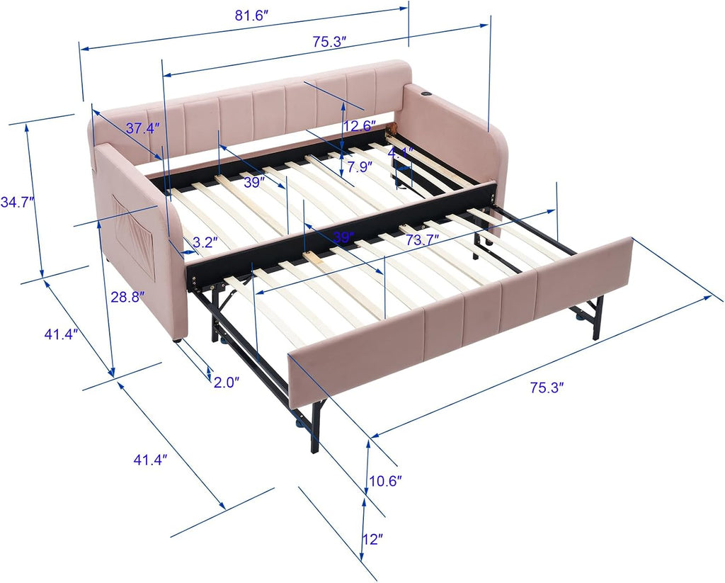 Deolme Twin to King Daybed with Trundle, USB Ports, Velvet Upholstered Daybed with Pop Up Trundle Bed, Modern Extendable Day Bed Frame for Kid Adult Bedroom Living Room Guest Room Small Places Pink