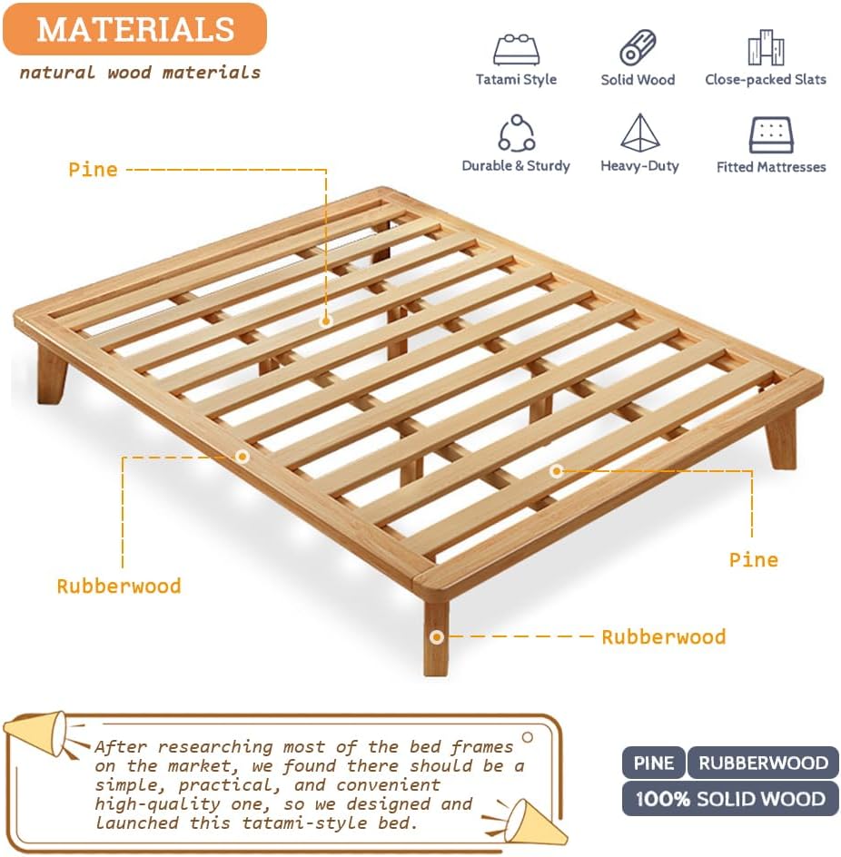 NELYE Twin Platform Bed Base - 14 Inch Solid Wood Mattress Foundation with Support Slats and Legs, Twin-Size Rubberwood Simple Bed Frame