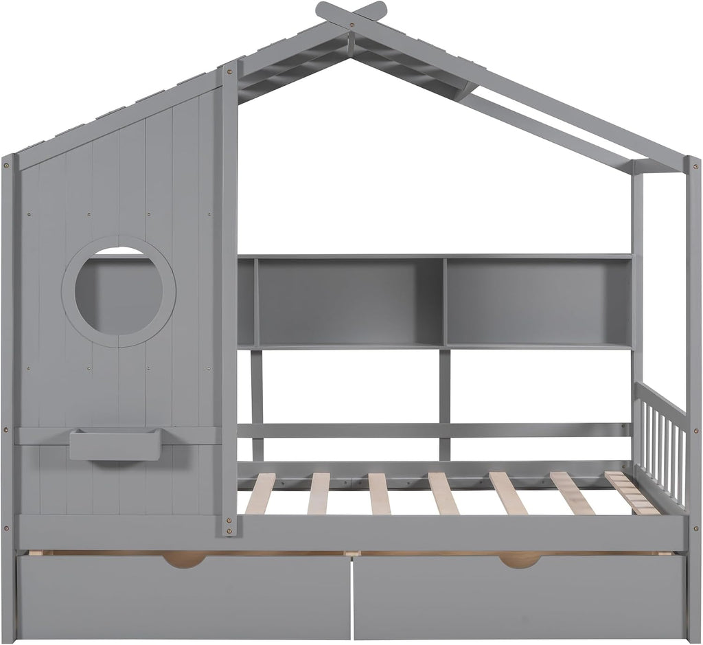 MERITLINE Twin Size Kids House Bed with 2 Drawers and Storage Shelf, Wooden Kids Montessori Bed Frame (Grey)