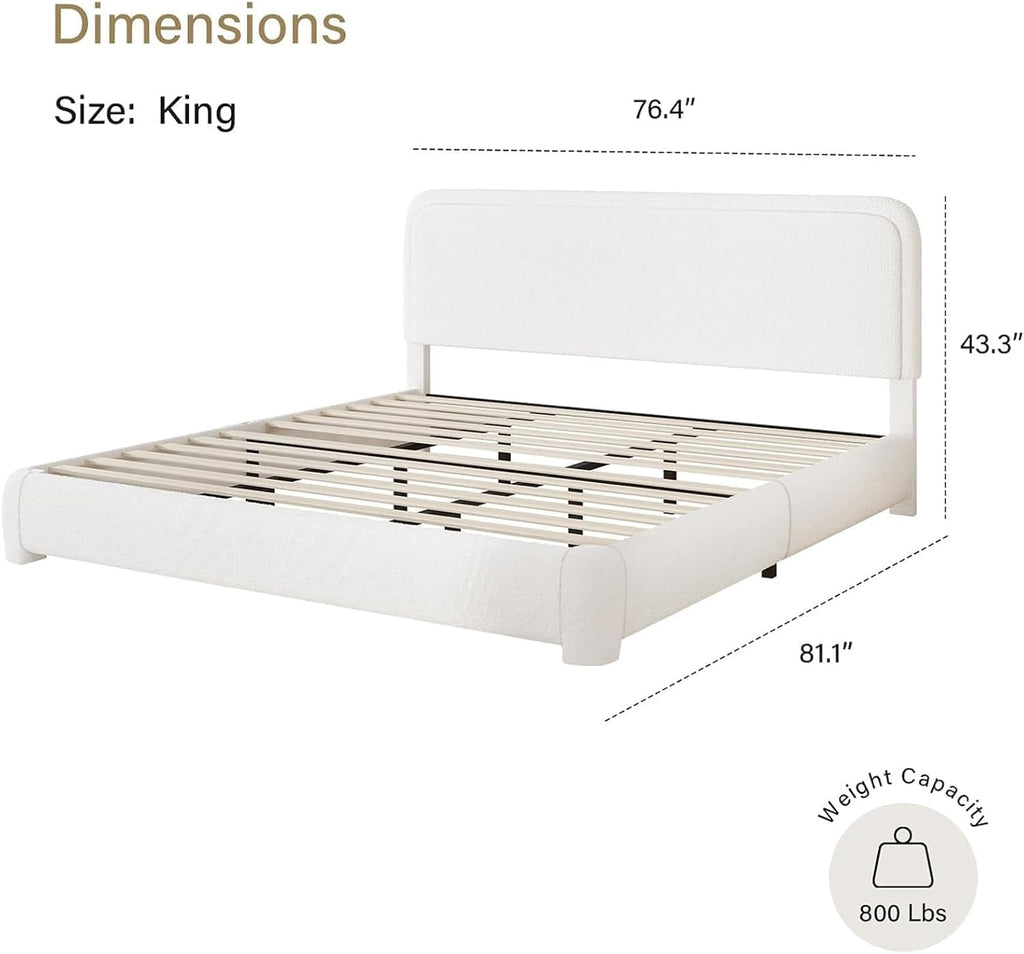 BarnFurin Boucle Upholstered Bed Frame King Size/Cloud Bed Frame/Soft Rounded Corners Headboard/Low Profile/No Box Spring Needed/Non-Slip and Noise-Free/White