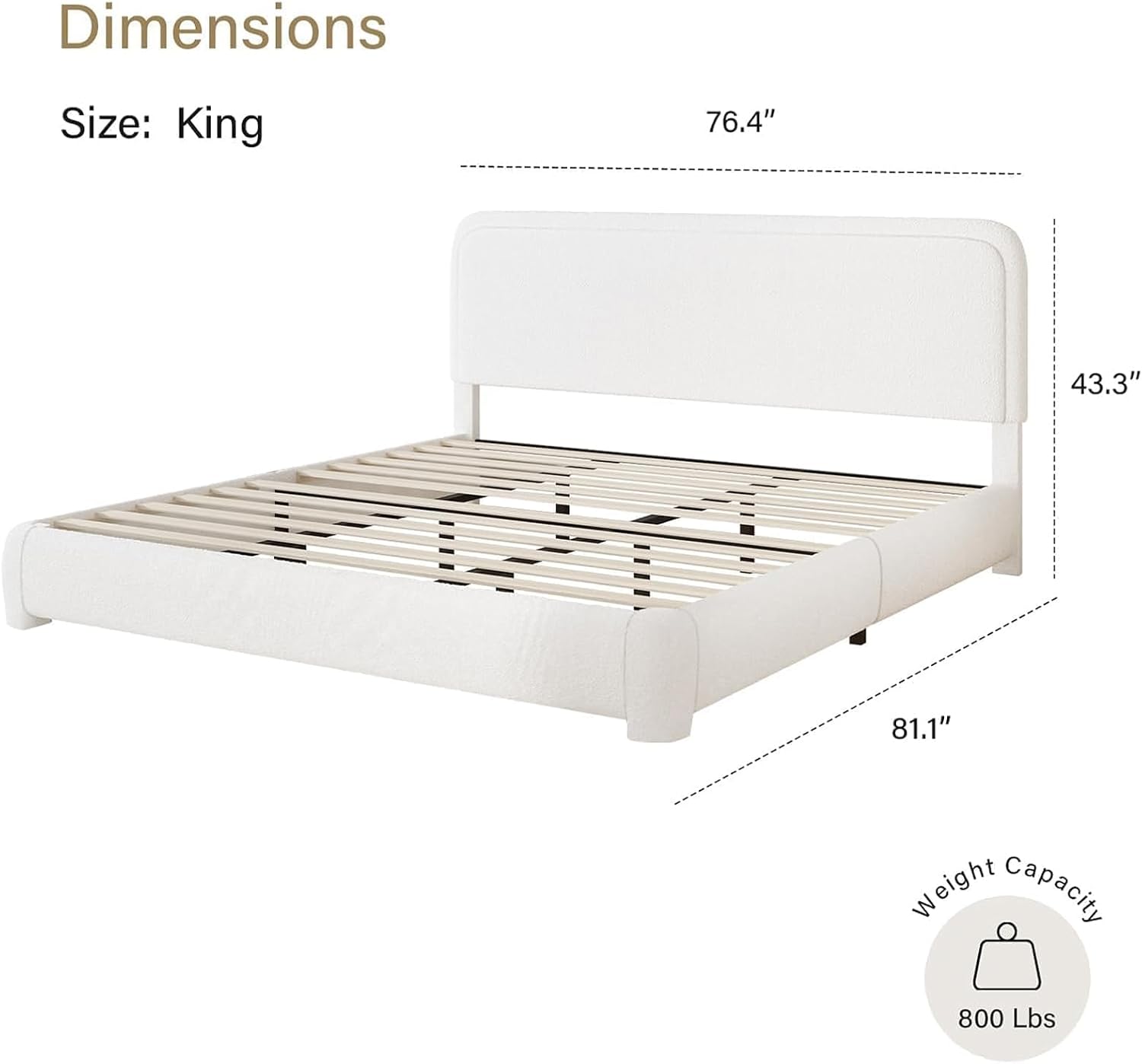 BarnFurin Boucle Upholstered Bed Frame King Size/Cloud Bed Frame/Soft Rounded Corners Headboard/Low Profile/No Box Spring Needed/Non-Slip and Noise-Free/White