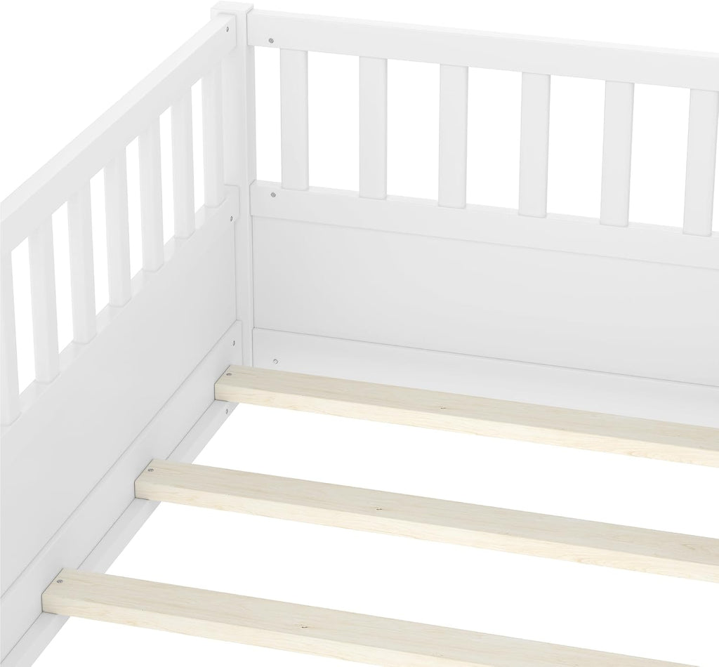 Bellemave Twin Size Montessori Floor Bed with Fence, Easy Assemble Montessori Beds for Kids, Girls, Boys, White