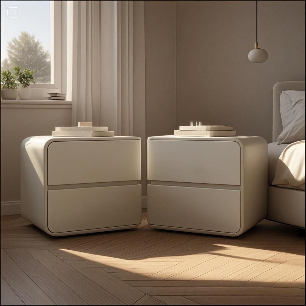 Bedside Table Set of 2 with Drawers, Simple Leather Bedside Table, Left and Right Combination Bedside Tables Suitable for Bedrooms(Beige,Medium)