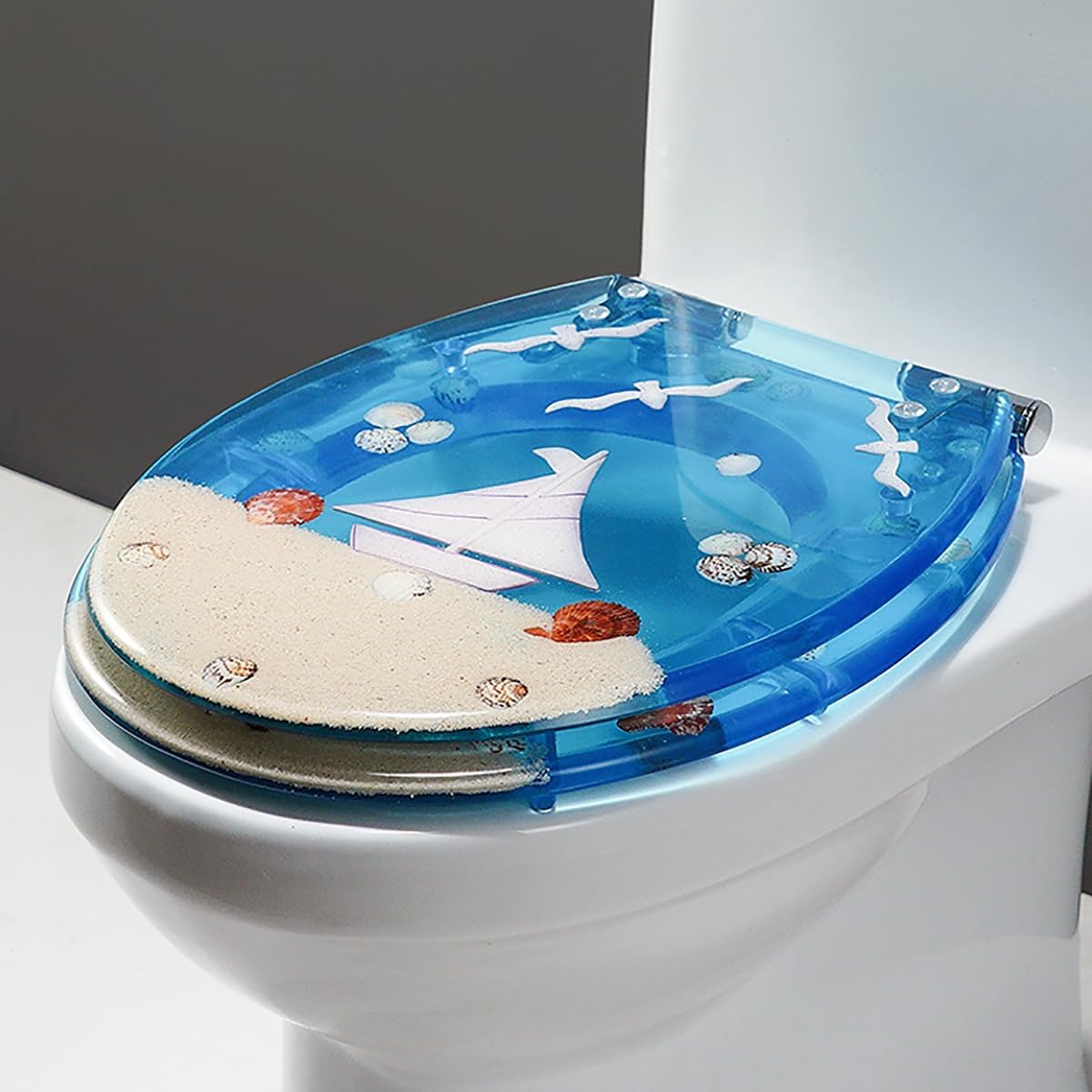 Resin Toilet Seat Round 16.5', Quiet Slow Soft Close Toilet Lid, Heavy Duty Toilet Seats Cover with Ocean Series 3D Effects Decorative (Sailboat)