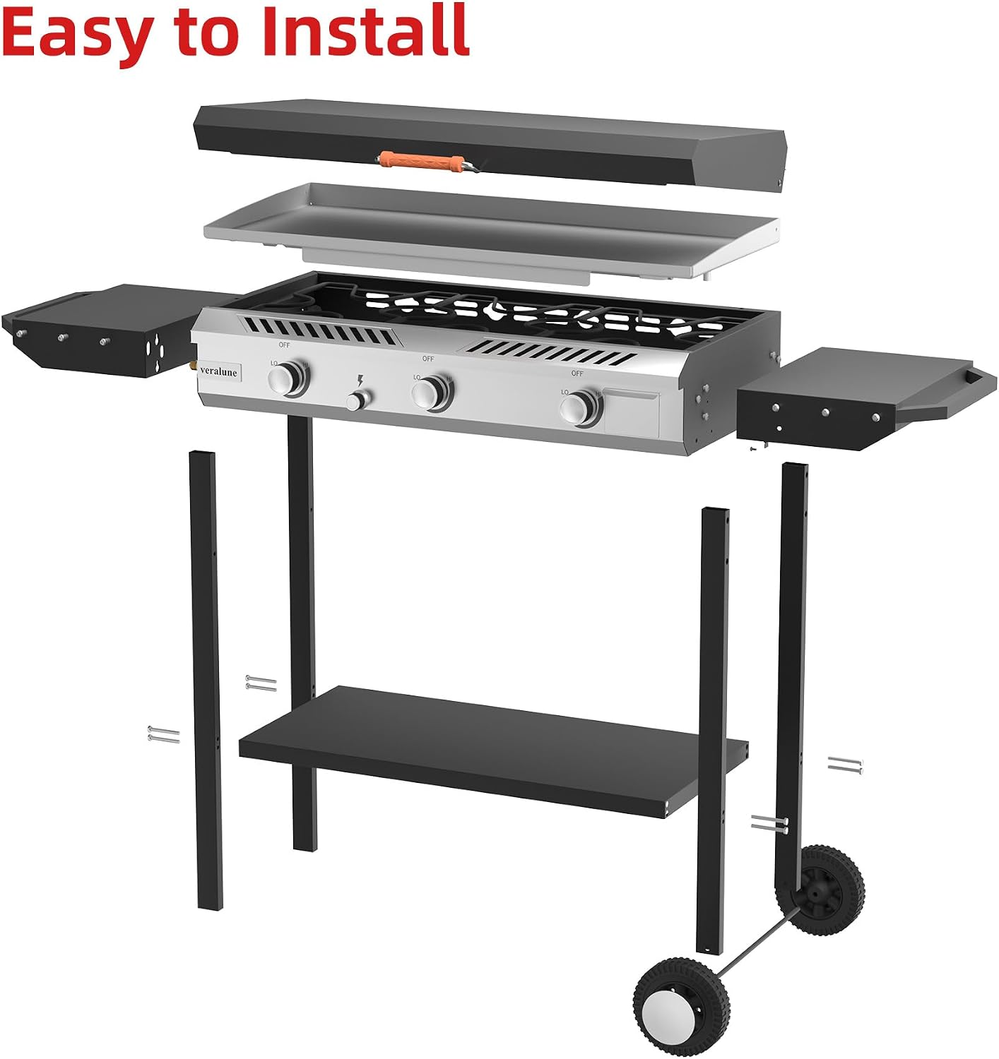 Veralune Outdoor Flat Top Gas Grill with Lid, Outdoor Griddle with Enameled Tray, Propane Gas Griddle, for Breakfast, BBQ & Grilling Steel Cooking Surface, Folding Side Shelves, Push-Button Ignition