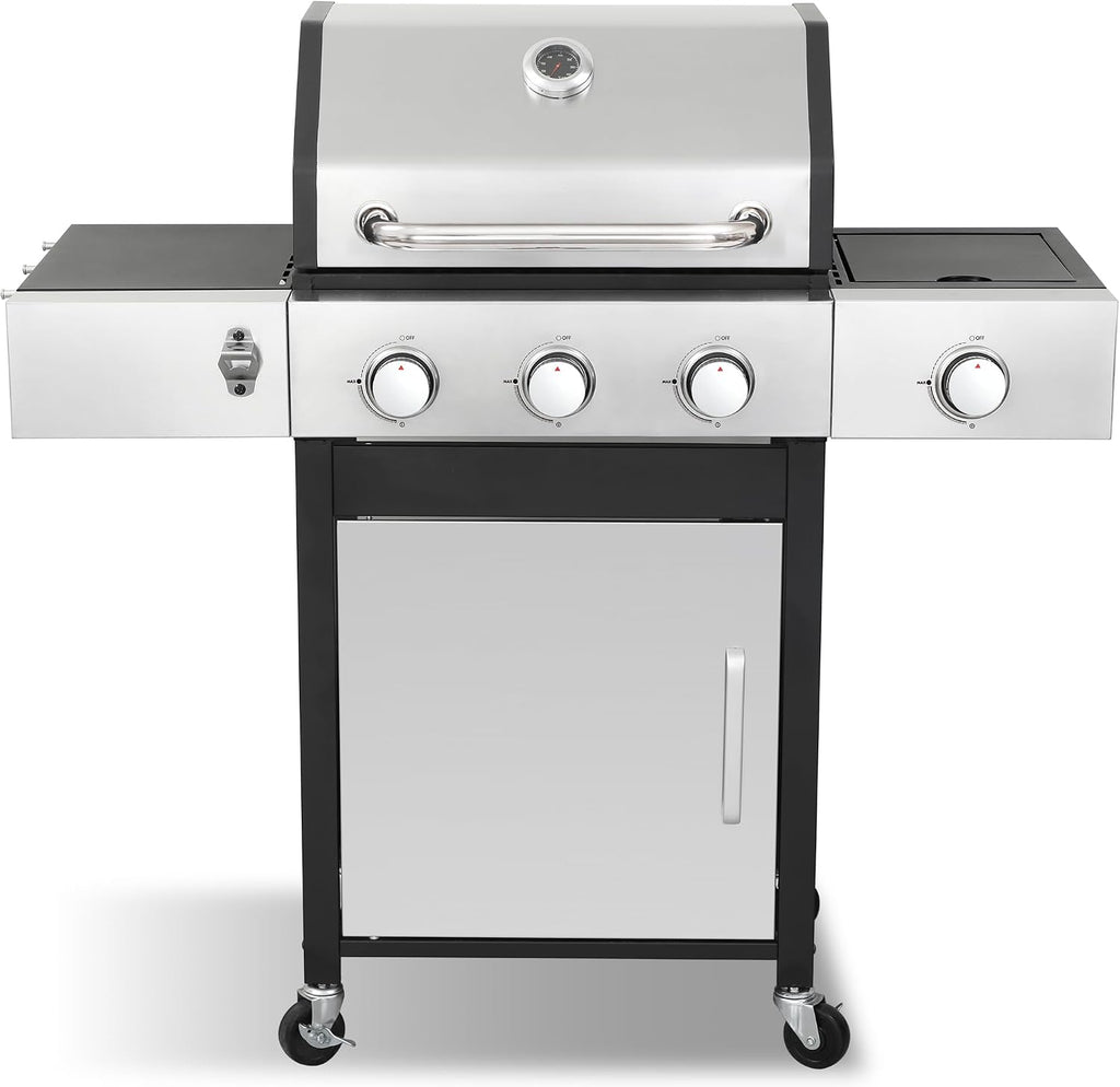 Gas Grill with Side Burner, 3-Burner Propane Grill with Porcelain-Enameled Cast Iron Grates and Double-Wall Insulated Lid, 39,000 BTU BBQ Grill with Wheels for Outdoor Cooking