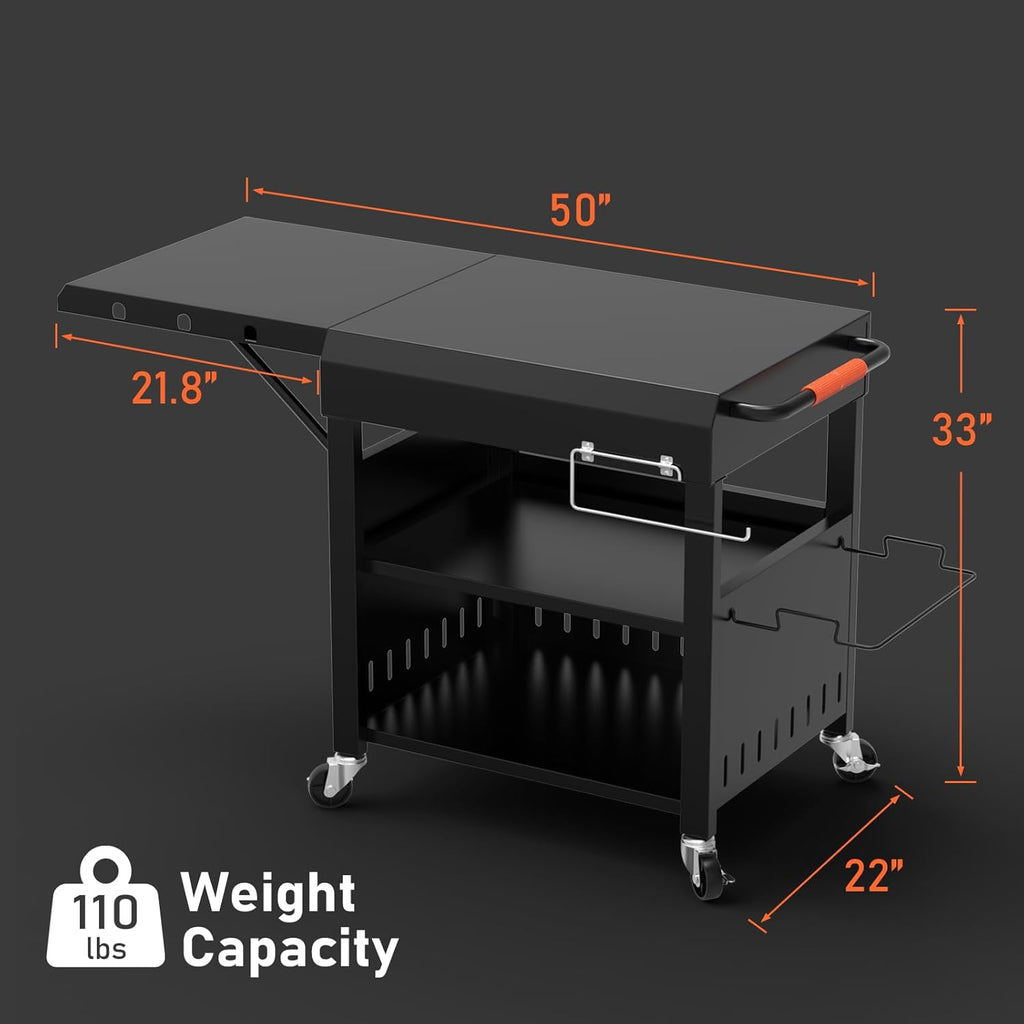 Outdoor Grill Table Cart for Blackstone 28'/36' Omnivore Griddle, 50' x 22' Large Outdoor Kitchen Island with Foldable Side Table for Blackstone 17'/22' Griddle, Home BBQ, Tailgates, Cookouts
