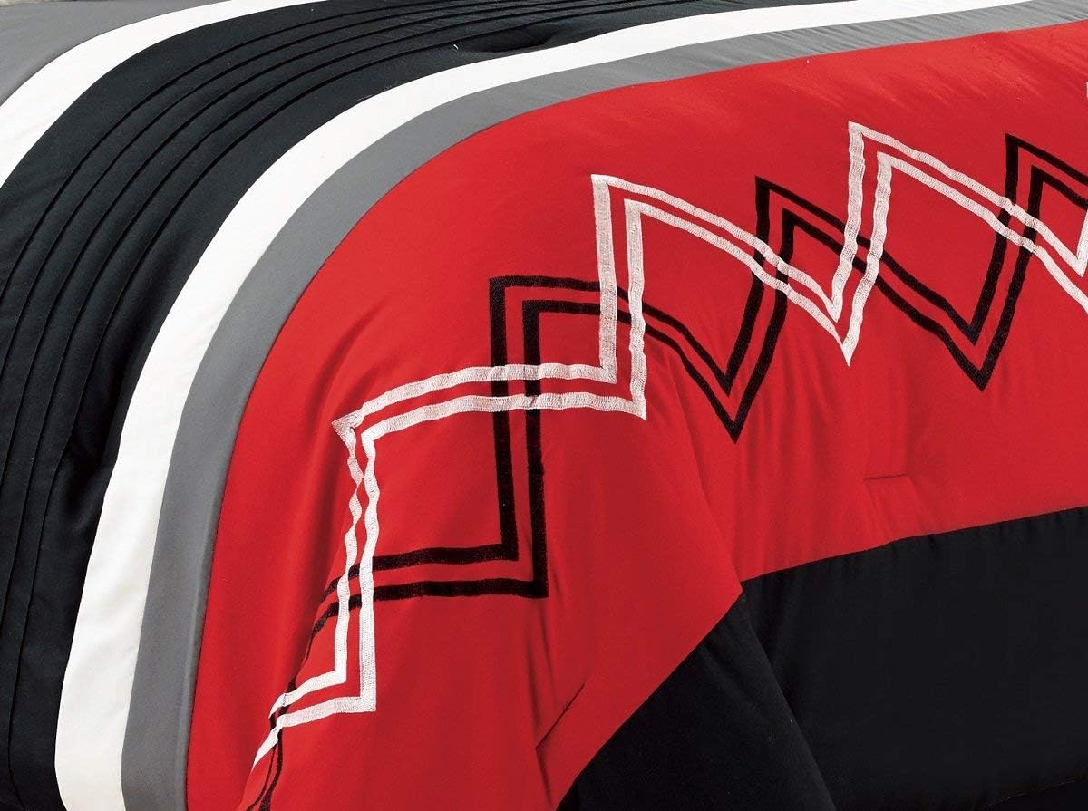 Chezmoi Collection Arden 7-Piece Modern Pleated Stripe Embroidered Zigzag Bedding Comforter Set (Oversized King, Red/Black/Gray/Off-White)
