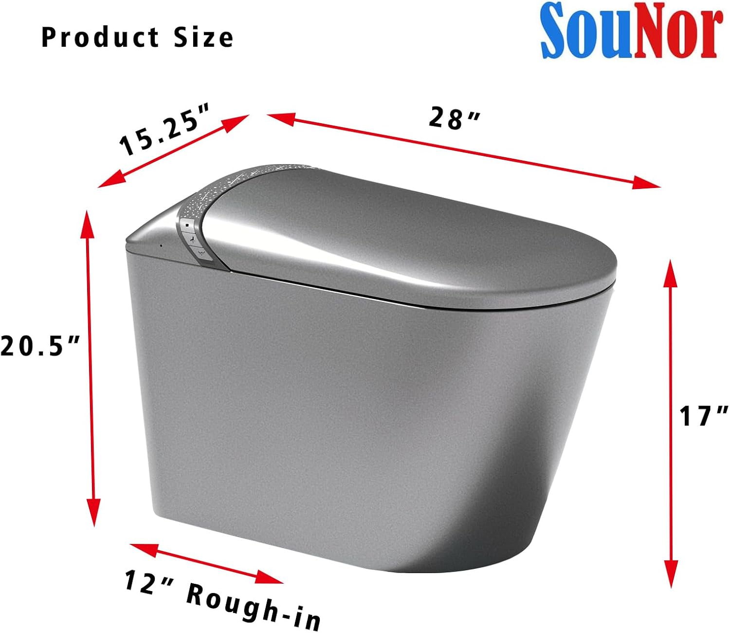 SouNor Smart Toilet With Bidet Warm Water Dryer Modern Tankless One Piece Automatic ADA Elongated Auto Inodoro Intelligent for Bathrooms Washlet Power Flush Gray