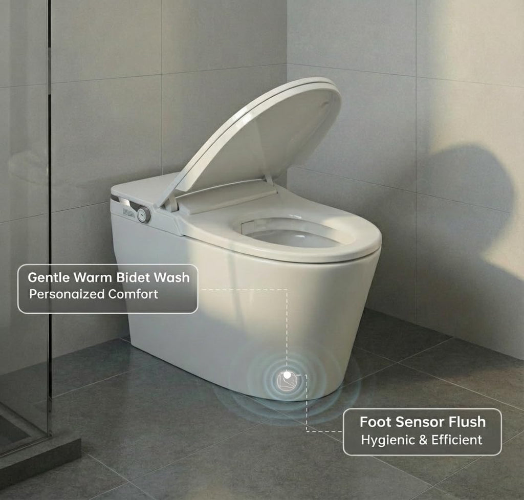 Smart Toilet with Bidet Built in, Heated Seat & Dual Auto Flush, Foot Sensor, Modern Extended Electric Toilet with Water Tank, Warm Water Wash, Air Drying, LED Night Light, Remote, Manual flip cover