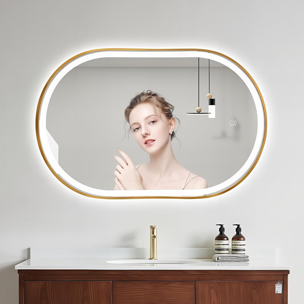40'x24' Oval LED Bathroom Mirror with Lights, Gold Anti Fog Lighted Vanity Mirror Wall Mounted, LED Oval Mirror with 3 Colors, Memory, ShatterProof, Front/Backlit, Horizontal/Vertical