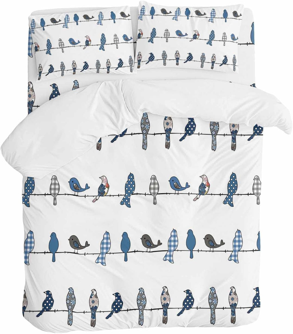 Prime Leader Birds on the Wire Blue Grey Duvet Cover Set Queen Size 4 Pieces Bedding Set with Zipper Closure, 1 Comforter Cover 86x86 Inches 1 Flat Sheet & 2 Pillow Cases