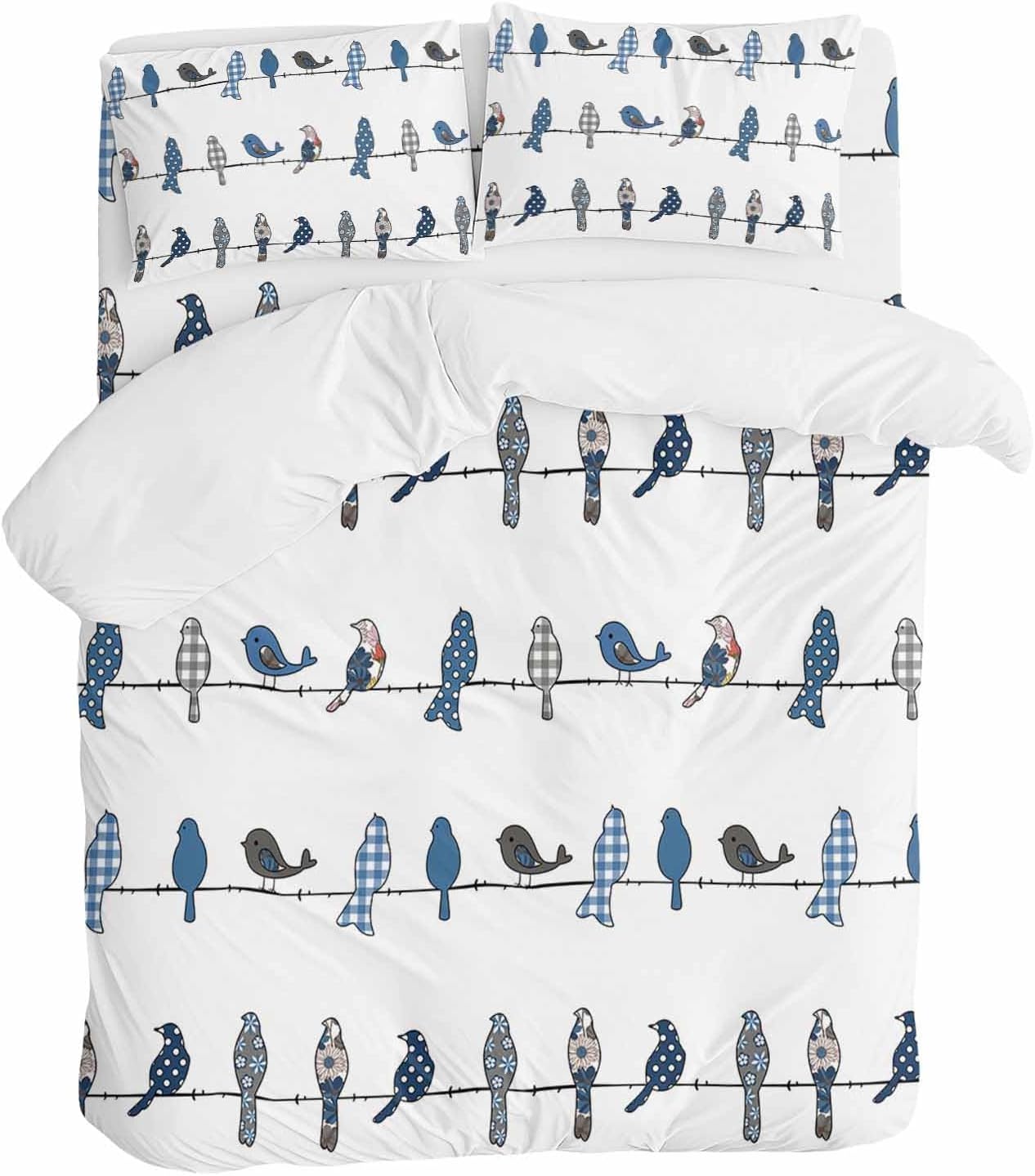 Prime Leader Birds on the Wire Blue Grey Duvet Cover Set Queen Size 4 Pieces Bedding Set with Zipper Closure, 1 Comforter Cover 86x86 Inches 1 Flat Sheet & 2 Pillow Cases