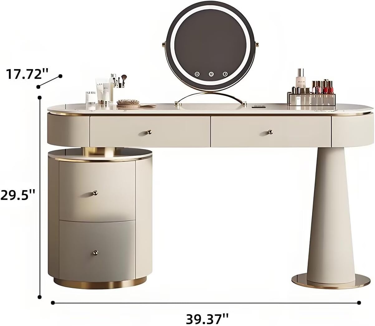 Leather Vanity Set - Solid Wood Makeup Vanity with Rock Slab Countertop, 4 Drawers, Modern Dressing Table Include LED Lights Mirror & Stool, Stainless Steel Base for Bedroom (Beige,39.37'')