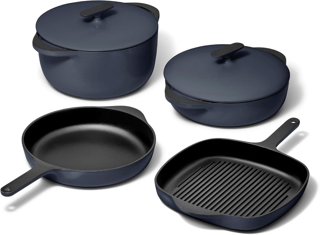 Caraway 8-Piece Enameled Cast Iron Set - 10.5' Skillet, Grill Pan, 3.5 qt Braiser Pan, 6.5 qt Dutch Oven with Lid and Organizers - Non-Toxic 3-Layer Enamel Coating - No Seasoning Required - Dark Navy
