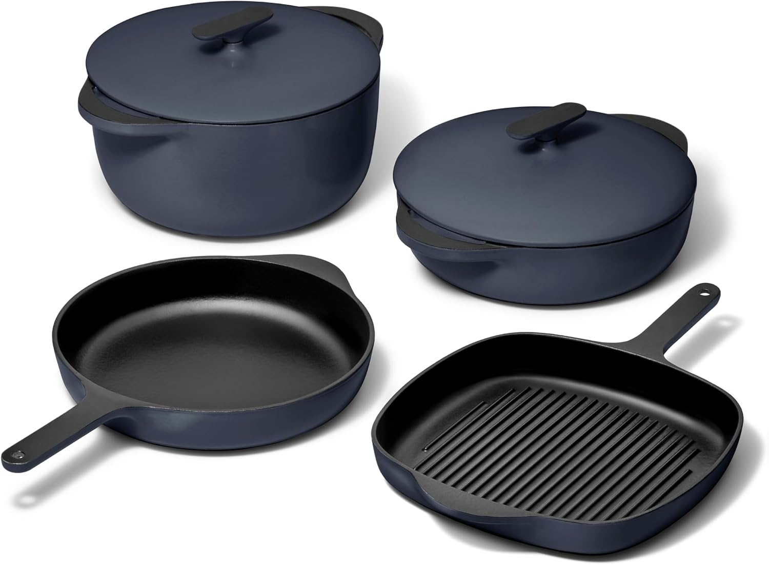 Caraway 8-Piece Enameled Cast Iron Set - 10.5' Skillet, Grill Pan, 3.5 qt Braiser Pan, 6.5 qt Dutch Oven with Lid and Organizers - Non-Toxic 3-Layer Enamel Coating - No Seasoning Required - Dark Navy